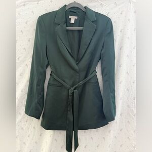 H&M green satin tie-waist blazer